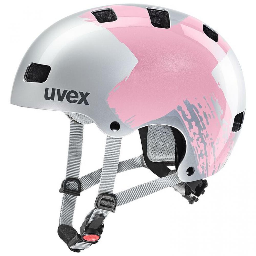 Uvex Kid 3 Kinder-Fahrradhelm, Hardshell-Technologie, 10 Belüftungsöffnungen, IAS-Größenanpassung, Monomatic-Verschluss, herausnehmbare und waschbare Polster, Farbe: Silber-Rosé, Größe: 51-55 cm