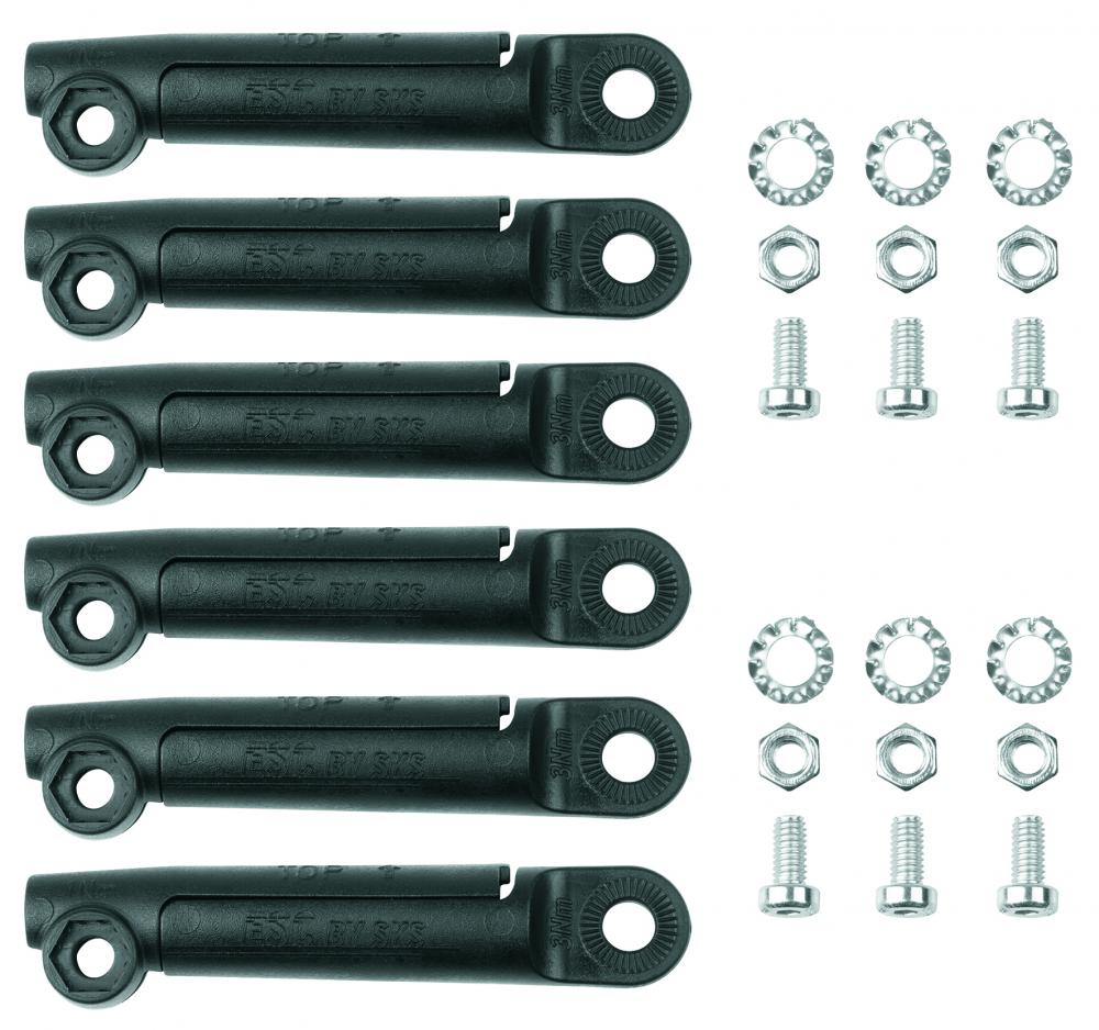 Sechs schwarze SKS ESC-Vario-Stecker für 4,5 mm Schutzblechstreben mit Schrauben, Muttern und Fächerscheiben.