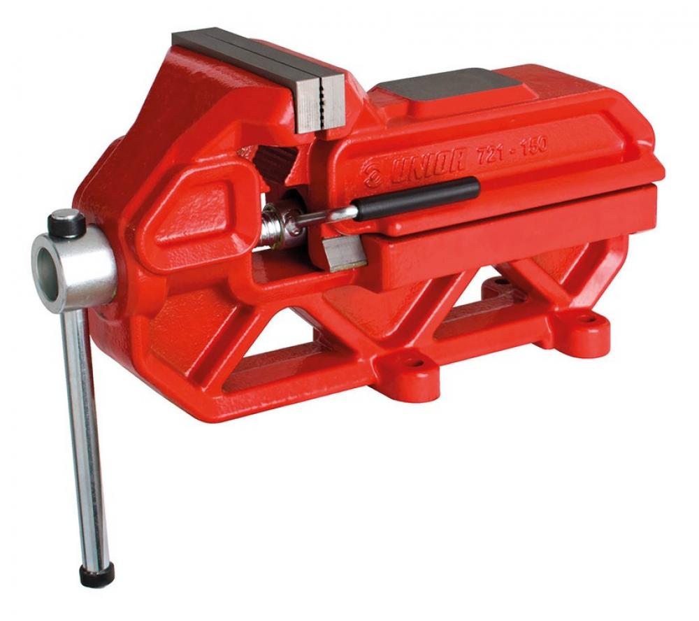 Roter Unior Schraubstock Quick Irongator 125mm mit robusten Spannbacken und silbernem Drehgriff.