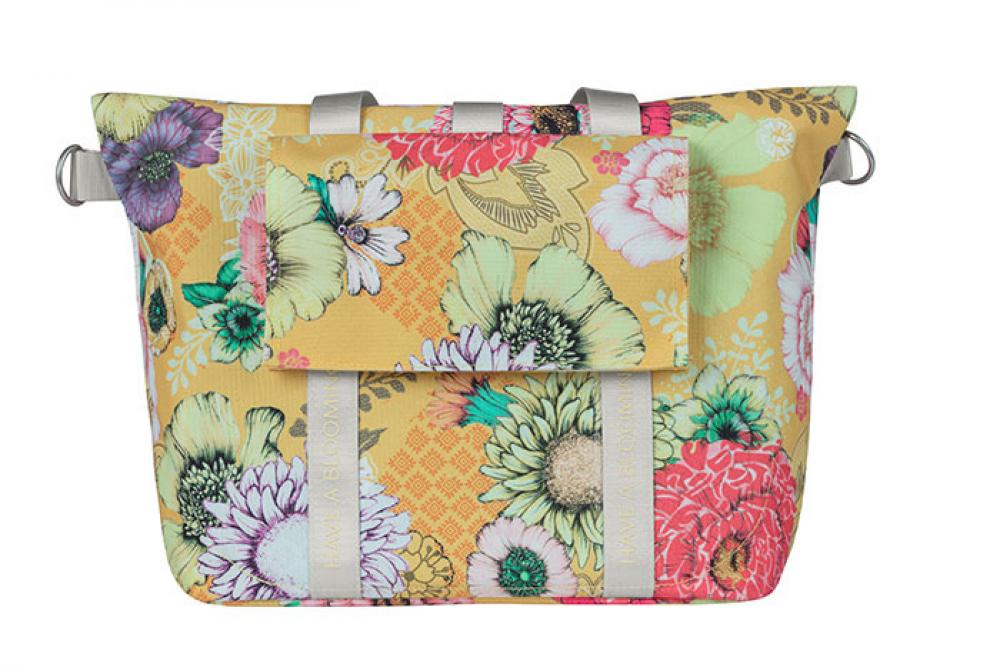 Basil Schultertasche Bloom Field Honiggelb, Blumenmuster, KF-HOOK für Fahrrad.