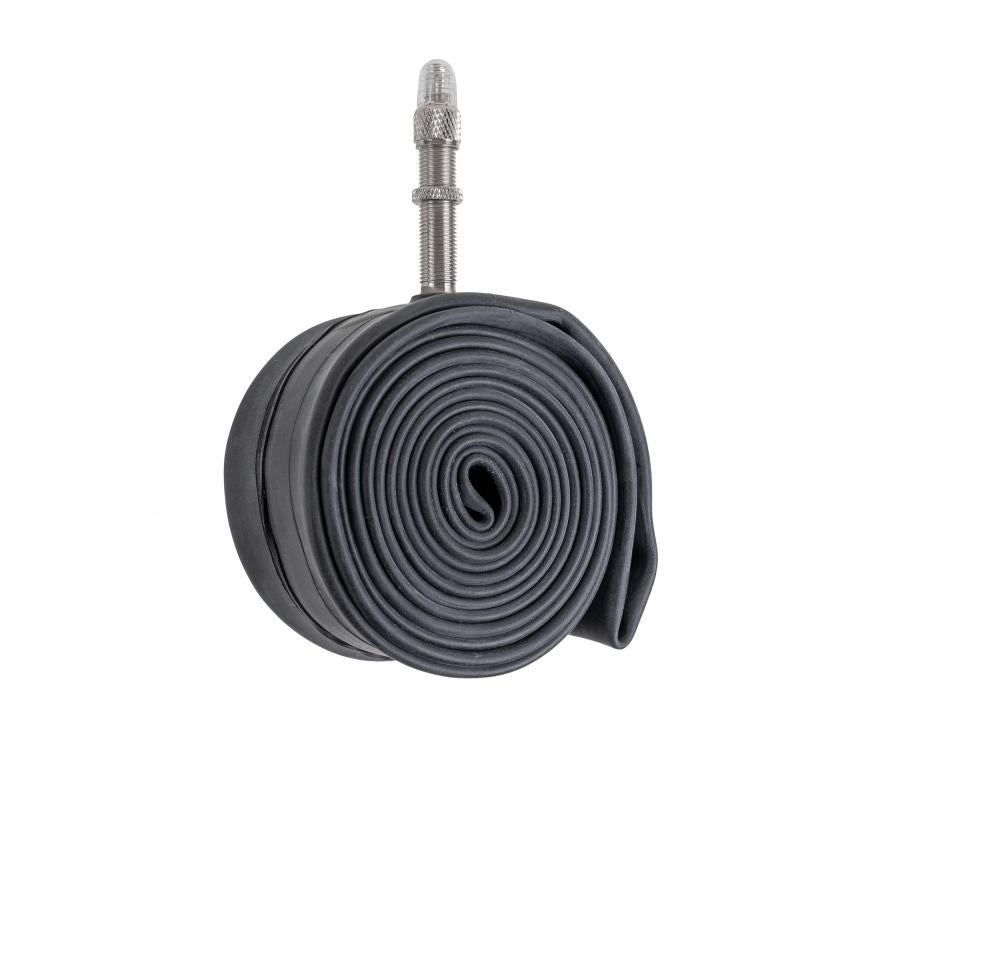 Schwalbe DV 10 Fahrradschlauch 24", 40mm Dunlop-Ventil, schwarz gerollt auf weißem Hintergrund.