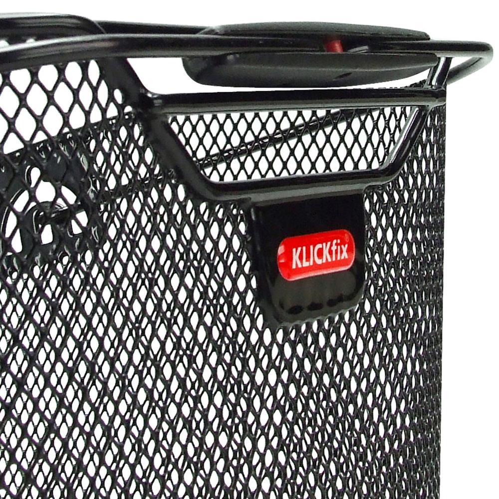 KLICKfix Hinterradkorb City-Max mit KorbKlip 41x30x24,5 cm, engmaschiger schwarzer Fahrradkorb, Detailansicht Logo.