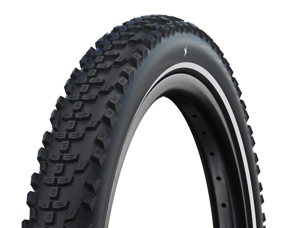 Schwalbe Smart Sam Cargo Performance 60-507 schwarz, robuster On-Offroad-Reifen mit Stollenprofil und weißer Linie.