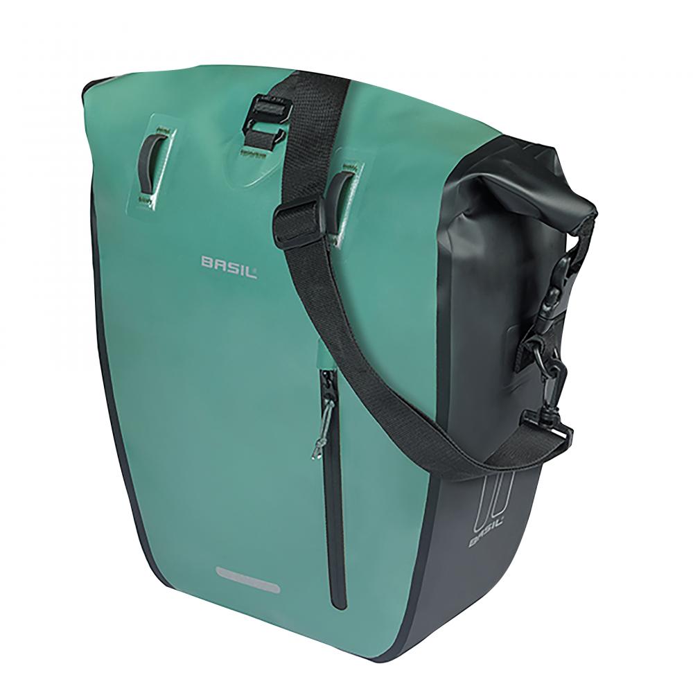 Basil Einzeltasche Rivo L silbergrün/schwarz 25-31L - wasserdichte Fahrradtasche mit MIK Hooks, praktische Fächer, abnehmbar