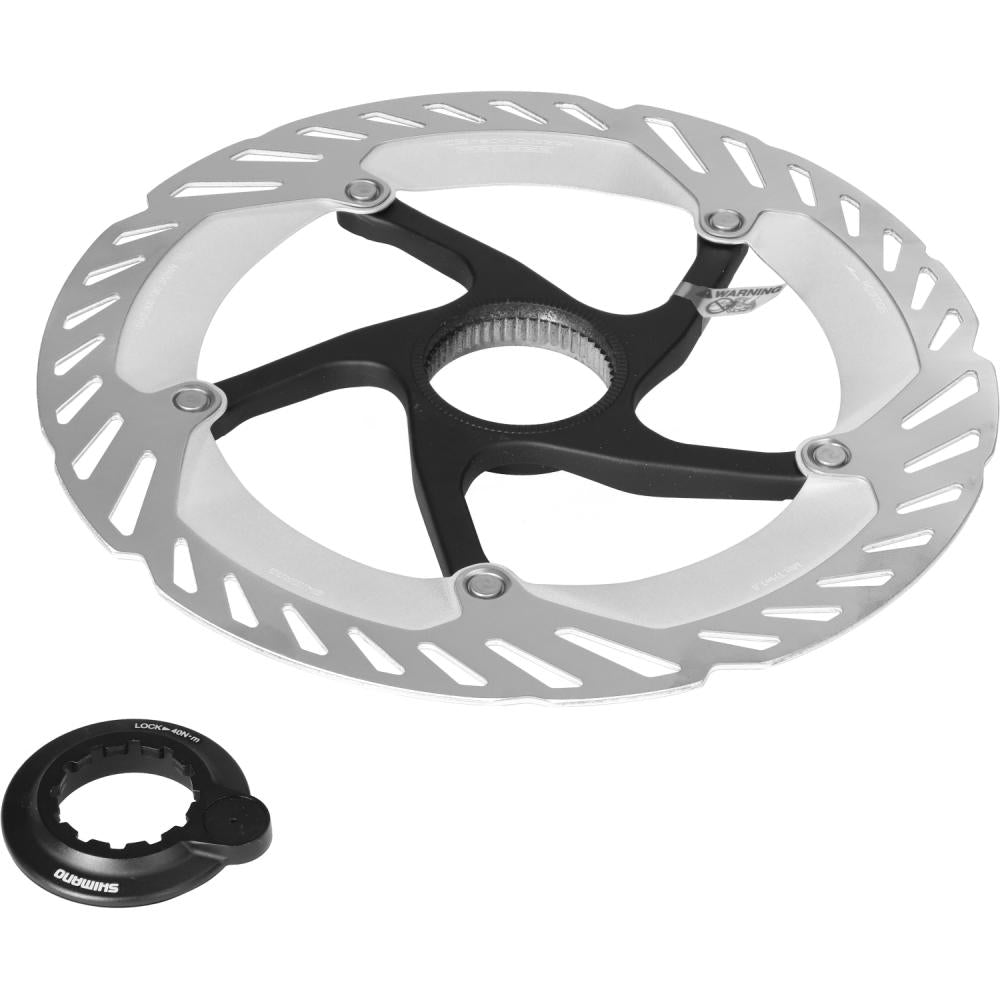 SHIMANO RT-CL800 Bremsscheibe 203mm mit Sperring, Innenverzahnung und Magnet, auf weißem Hintergrund.