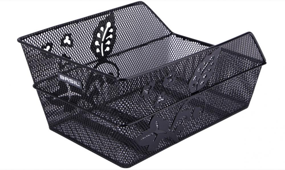 Basil Cento Flower Schultaschenkorb, schwarz, engmaschiger Stahl mit Blumenmotiv, stabil, festmontiert.