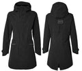 Basil Mosse Damen Regenparka Jet Black, Ansicht vorne und hinten, mit Kapuze, Reflektoren und Taschen.