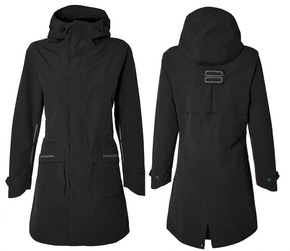 Basil Mosse Damen Regenparka Jet Black, Ansicht vorne und hinten, mit Kapuze, Reflektoren und Taschen.