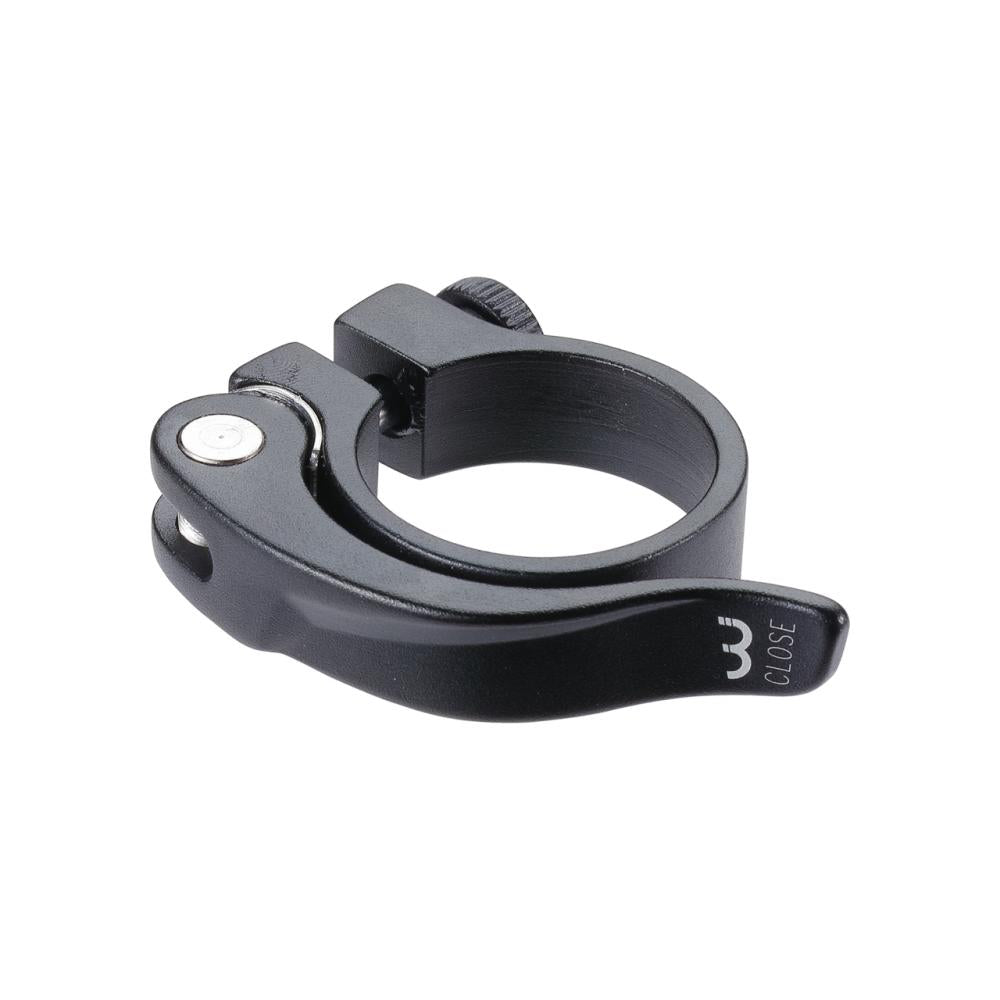 Schwarze BBB Cycling SmoothLever Sattelklemme 34.9mm für schnelle, werkzeuglose Sattelverstellung.