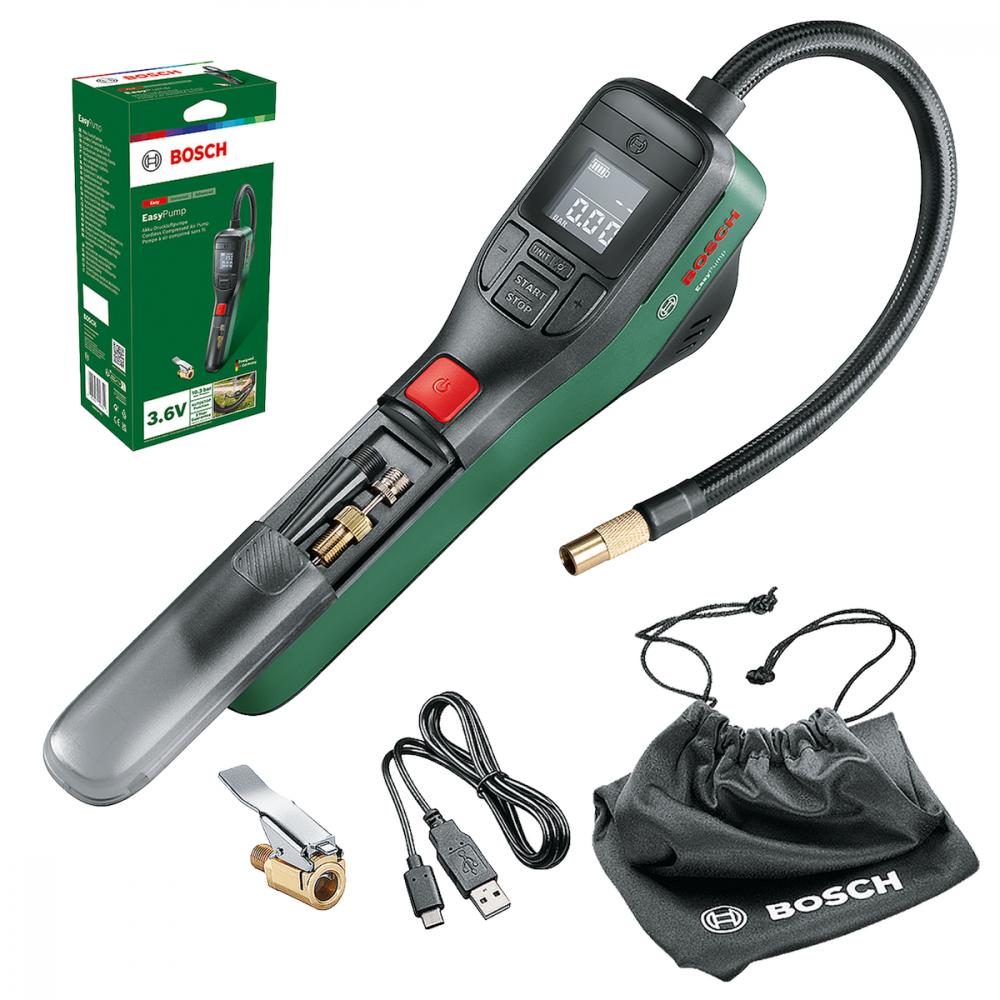 Bosch EasyPump Akku-Druckluftpumpe für kabelloses Aufpumpen, mit Display, Schlauch, Adaptern und Tragetasche.