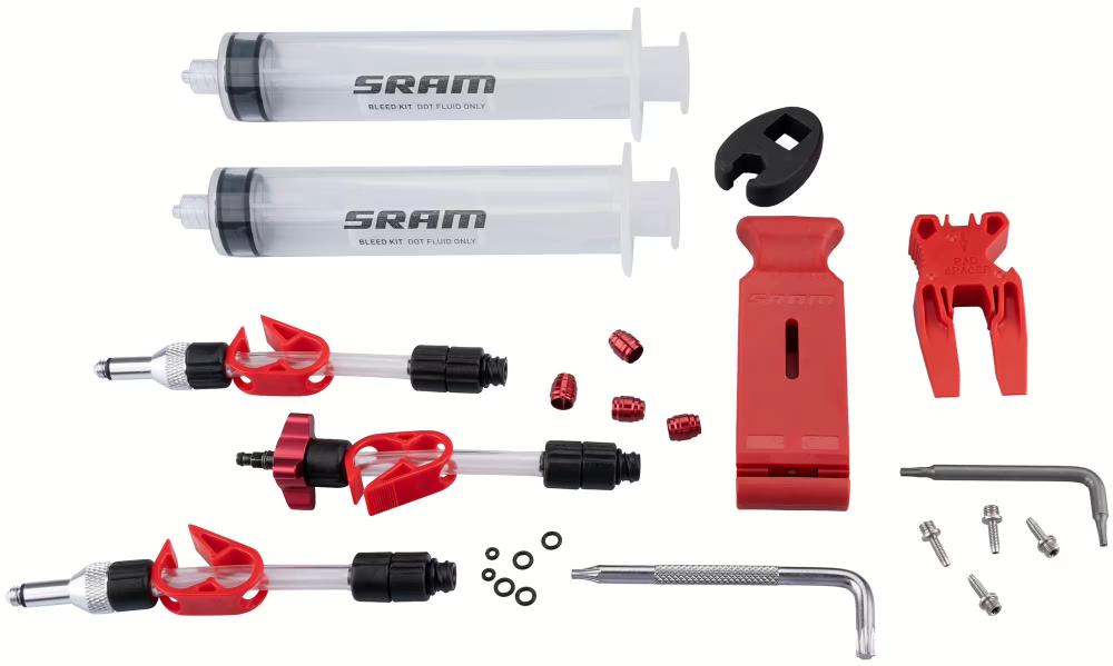 SRAM Scheibenbremsen Entlüftungs-Kit Standard V2 ohne DOT5.1 mit Spritzen, Schläuchen, Adaptern und Werkzeug.
