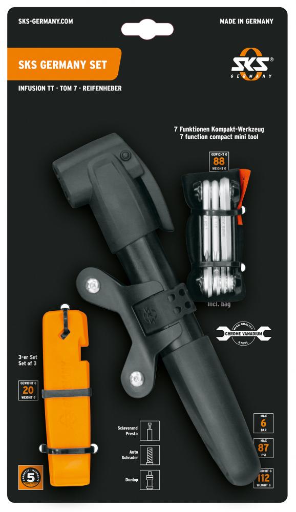 SKS GERMANY Set: INFUSION TT Minipumpe, TOM 7 Multitool, 3 LEVERMEN Reifenheber, ideal für Fahrradtouren, kompakt und leicht, für alle Ventilarten, max. 6 bar