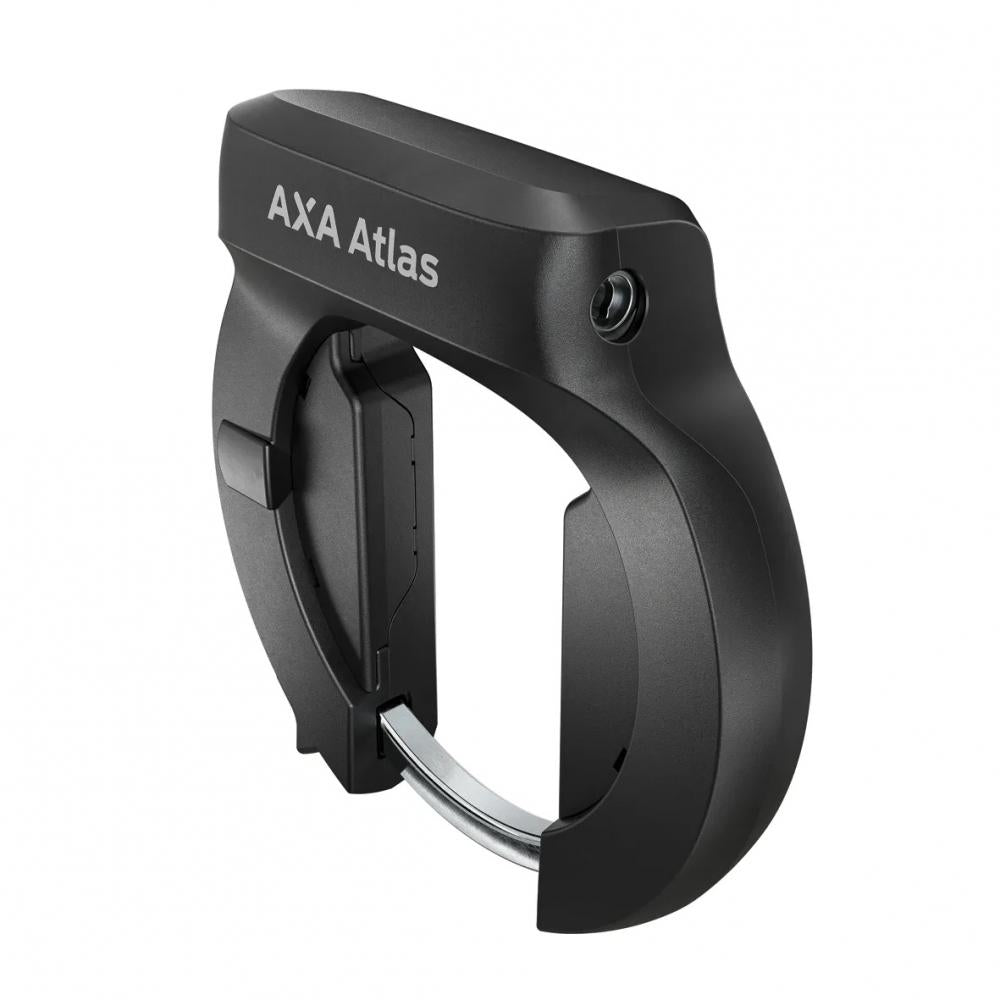 Schwarzes AXA Atlas Rahmenschloss 58 mm für Fahrräder, extra starker Diebstahlschutz.
