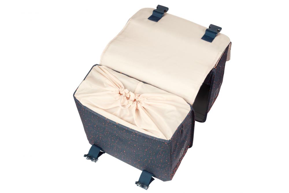 Offene Basil Flair Doppelpacktasche 35L, wasserabweisend, recyceltes Polyester, MIK/Racktime kompatibel, dunkelblau gesprenke
