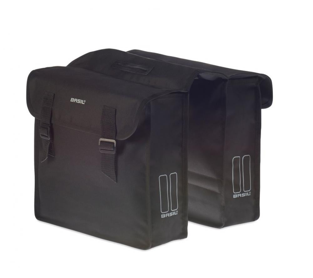 Basil Mara Doppelpacktasche schwarz 26l mit Schnallen und reflektierenden Logos für das Fahrrad.
