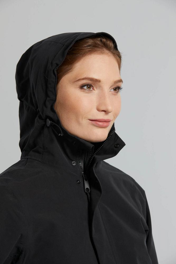 Basil Mosse Damen Regenparka Jet Black XL, wasserdicht, atmungsaktiv, mit verstellbarer Kapuze und Reißverschluss.