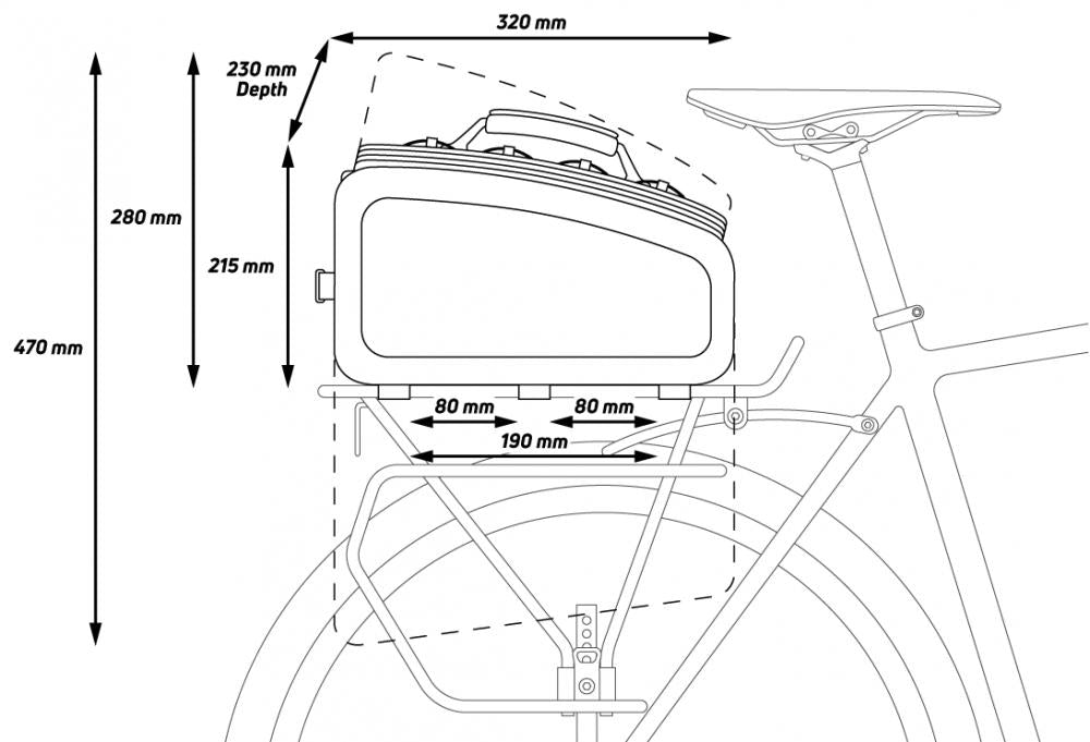Zefal Z Traveler 80 schwarze, erweiterbare Gepäckträgertasche mit Maßen auf Fahrrad-Gepäckträger montiert.
