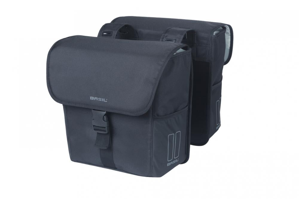Basil Go MIK Doppelpacktasche 32L schwarz, wasserabweisende Fahrrad-Gepäckträgertasche im Produktbild.