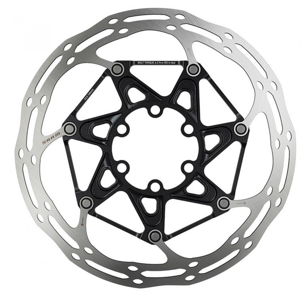 SRAM Centerline X Rounded 160mm zweiteilige Bremsscheibe 6-Loch mit schwarzem Spider und silbernem Rotor.