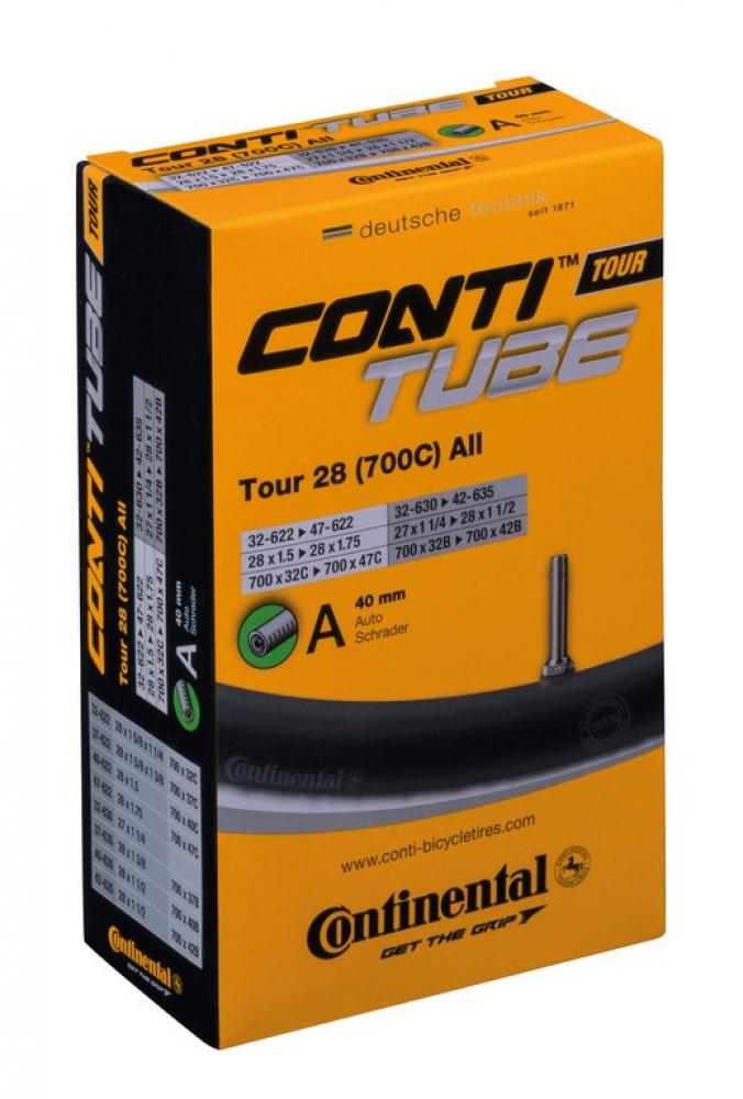 Gelbe Continental Conti Tube Tour 28 Schlauch-Verpackung für 27 und 28 Zoll Trekking-Fahrradreifen.