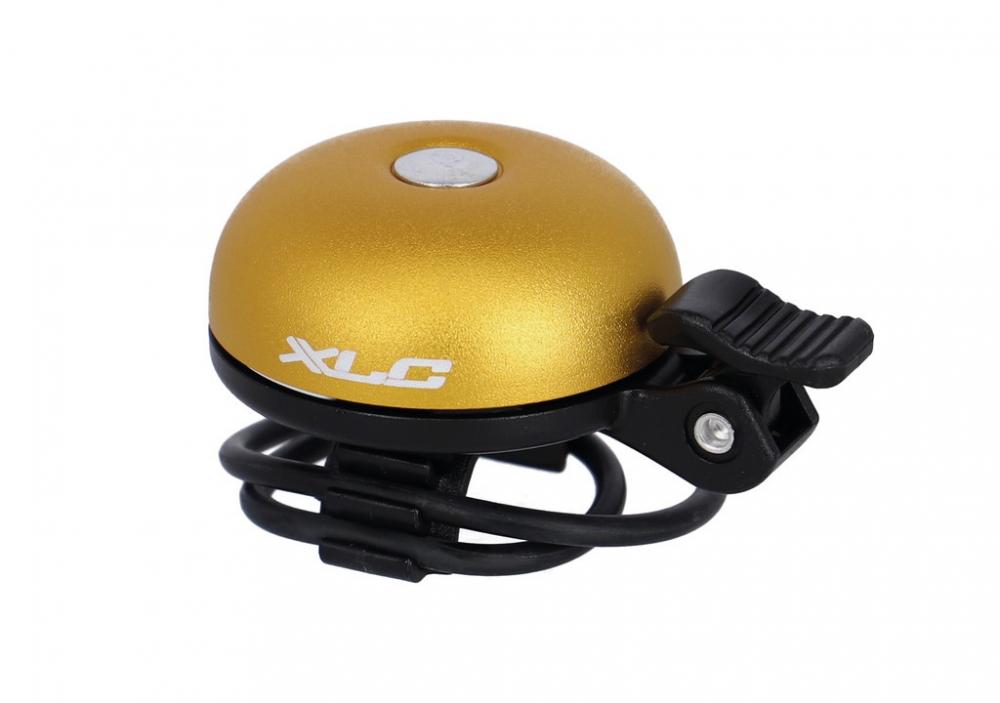 XLC Fahrradklingel DD-M29 in Gelb/Gold mit schwarzem Hebel und Halterung.