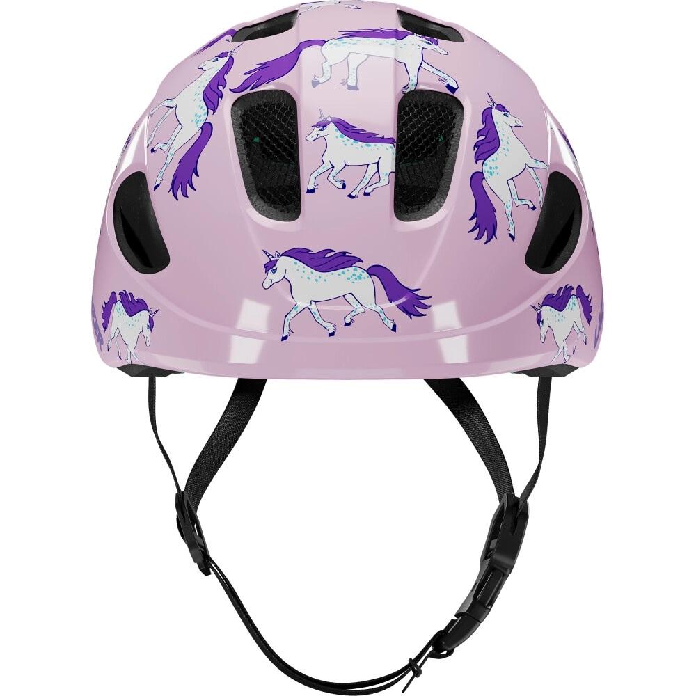 Rosa Lazer Nutz 2.0 KinetiCore Kinderhelm mit weißen Einhörnern, lila Mähnen und Belüftungsschlitzen.