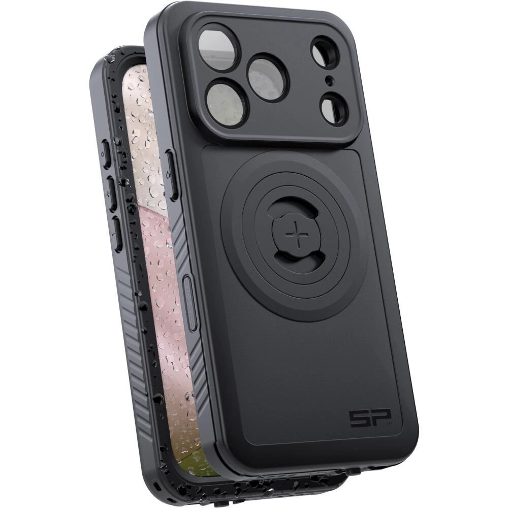 SP Connect Phone Case Xtreme iPhone 17 Pro Max, schwarzes, robustes, wasserdichtes Outdoor-Schutzcase mit Wassertropfen.