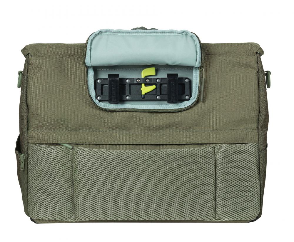 Basil B-Safe Nordlicht Bürotasche olivgrün, Rückseite mit Fahrrad-Befestigungssystem und Diebstahlschutz.