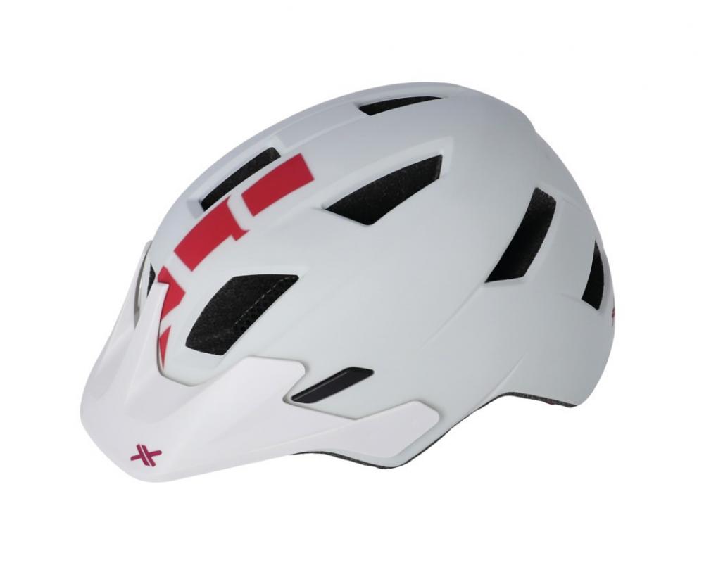 Weißer XLC MTB Helm BH-C30 (Gr. 58-61cm) mit Visier, roten Streifen und Belüftungsschlitzen.