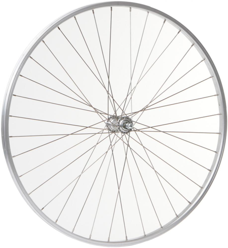 CONTEC Vorderrad "Alu Sport + Quando KT-A16F"nFelge: SCHÜRMANN Alu-Kasten "Alu Sport", 26", 21-559, Höhe: 14 mm, 36 Loch, AV/DV Ventil, mit silberner Bremsflanke, keine Ösen, silber (0.349.220/4)nNabe: QUANDO Vorderradnabe "KT-A16F", 36 Loch, Vollachse, 1