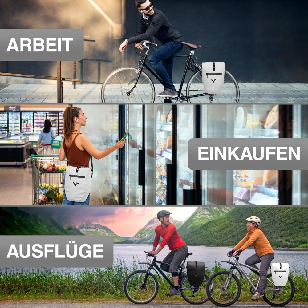 Valkental ValkBasic 28L wasserdichte Fahrrad-Gepäckträgertasche mit Reflektoren, 62x32x17 cm, 950g, Grau, 22-28L Volumen, inkl. Schulterriemen