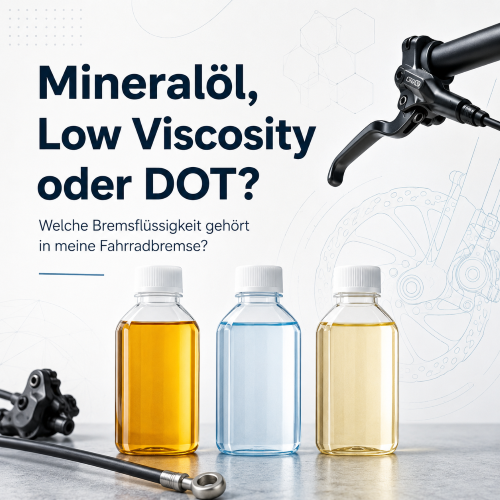 Grafik zu Fahrrad-Bremsflüssigkeiten mit Mineralöl, Low Viscosity und DOT sowie hydraulischen Scheibenbrems-Komponenten.