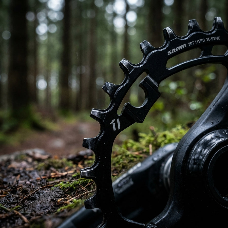 SRAM Kettenblatt MTB X-Sync 1x11, schwarz, nahaufnahme im Wald auf moosigem Untergrund.