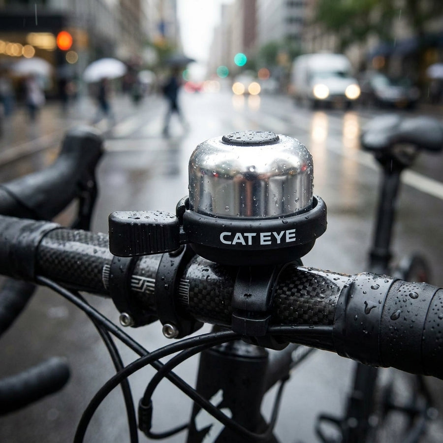 Regennasse Cat Eye PB-1000 Wind Bell Fahrradklingel, silber/schwarz, auf Carbon-Lenker in der Stadt.