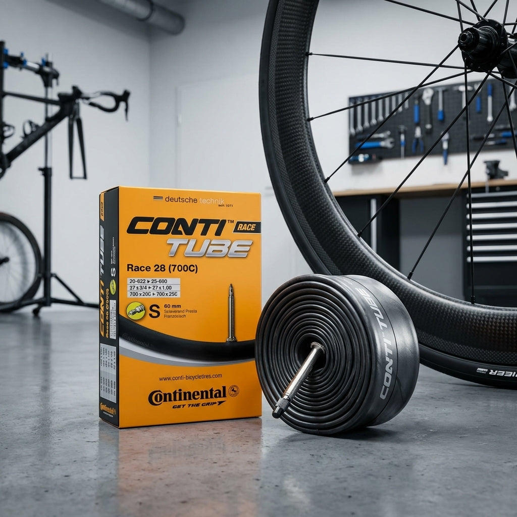 Continental Race 28 Rennrad Schlauch mit 60mm Sclaverand-Ventil neben Verpackung und Carbon-Laufrad.