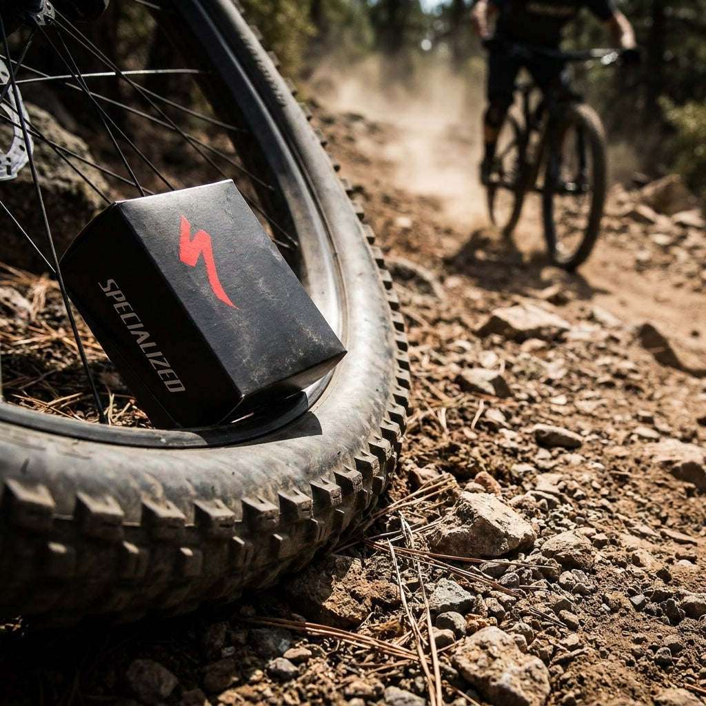 Specialized SV MTB-Fahrradschlauch (Box) am Reifen auf staubigem Trail, Mountainbiker im Hintergrund.