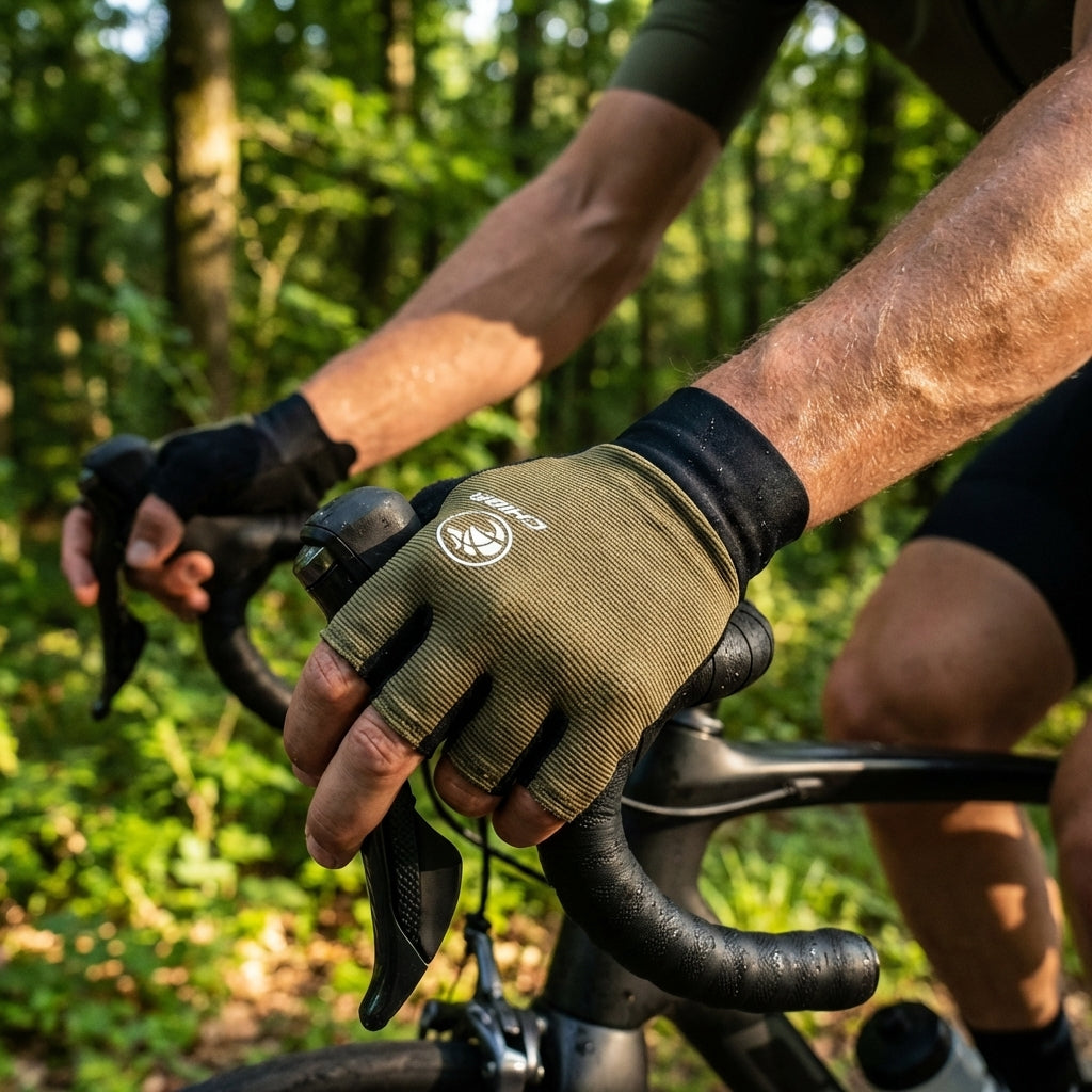 Chiba Team Glove Pro olive Fahrradhandschuhe an Radfahrerhänden am Lenker im Wald.