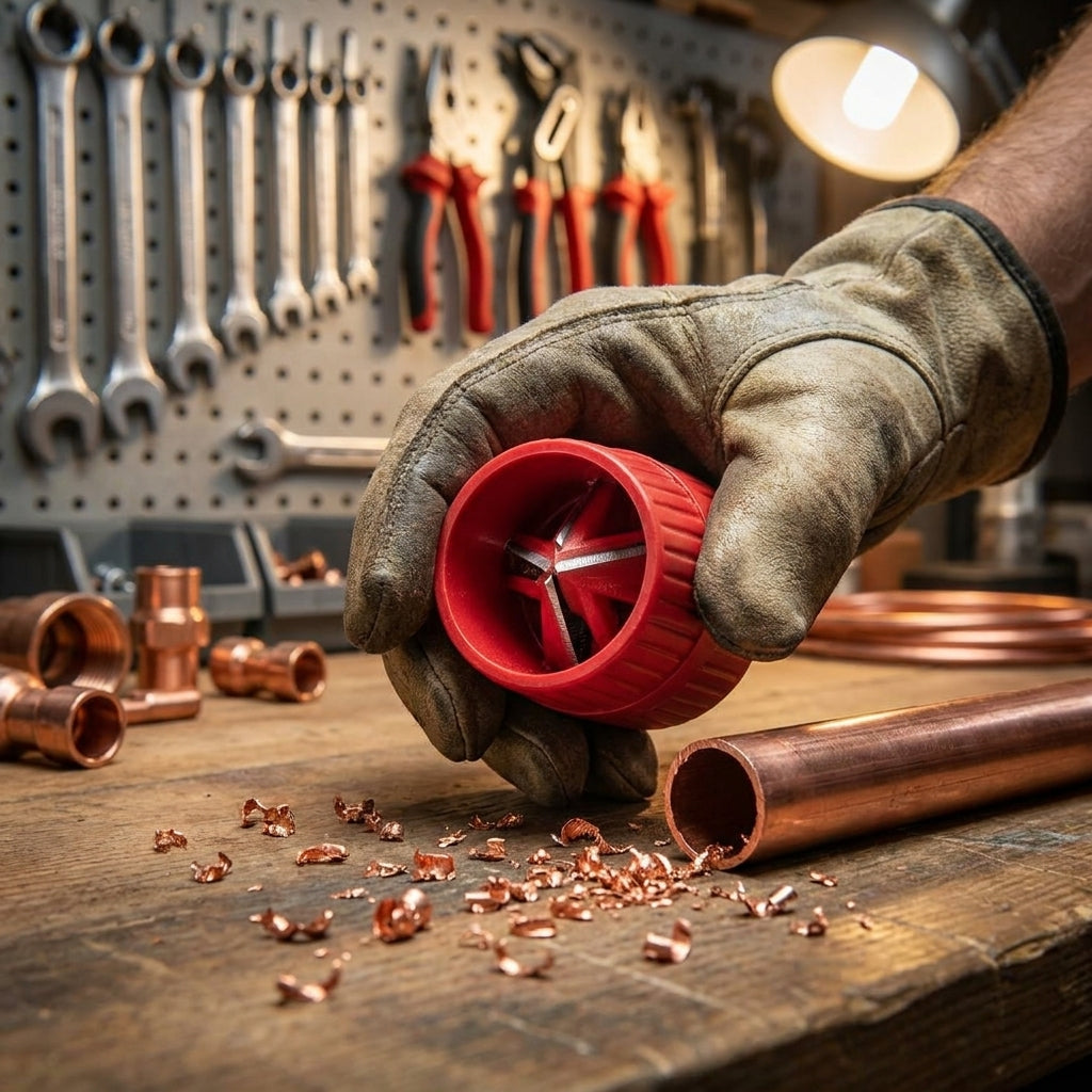 Unior 363A Rohr Innen-/Außenfräser in Hand entgratet Kupferrohr auf Werkbank, Späne sichtbar.