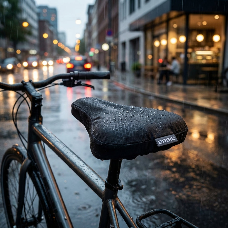 Basil Sattelüberzug Noir midnight black auf Fahrradsattel im Regen, mit Wassertropfen bedeckt.