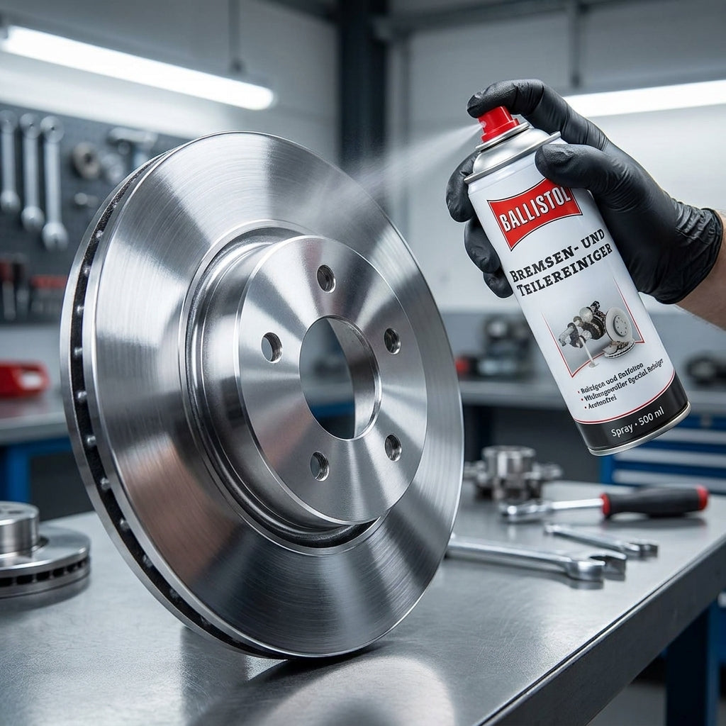 Ballistol Bremsen- und Teilereiniger Spray 500ml reinigt eine glänzende Bremsscheibe in einer Werkstatt.
