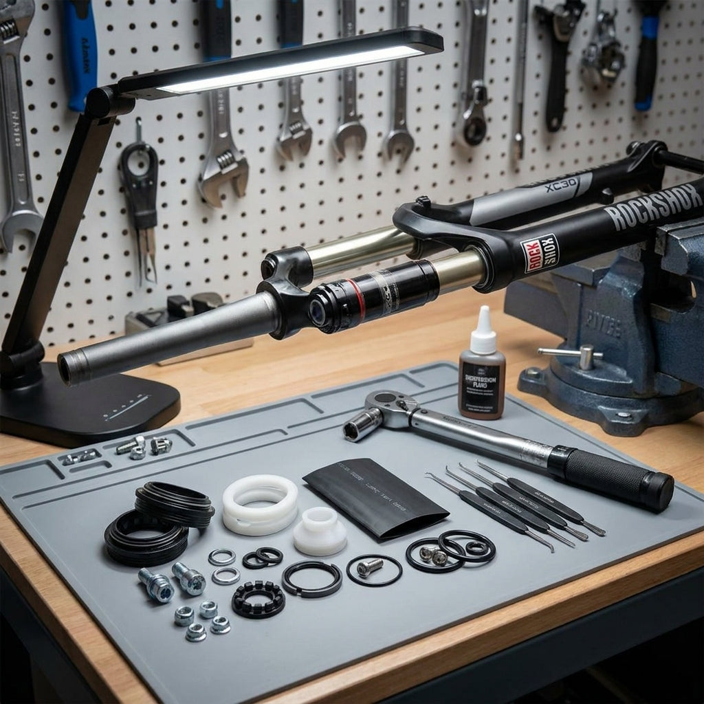 RockShox Service Kit XC30 mit Dichtungen, O-Ringen, Schrauben und Werkzeug zur Fahrradgabelwartung auf Werkbank.