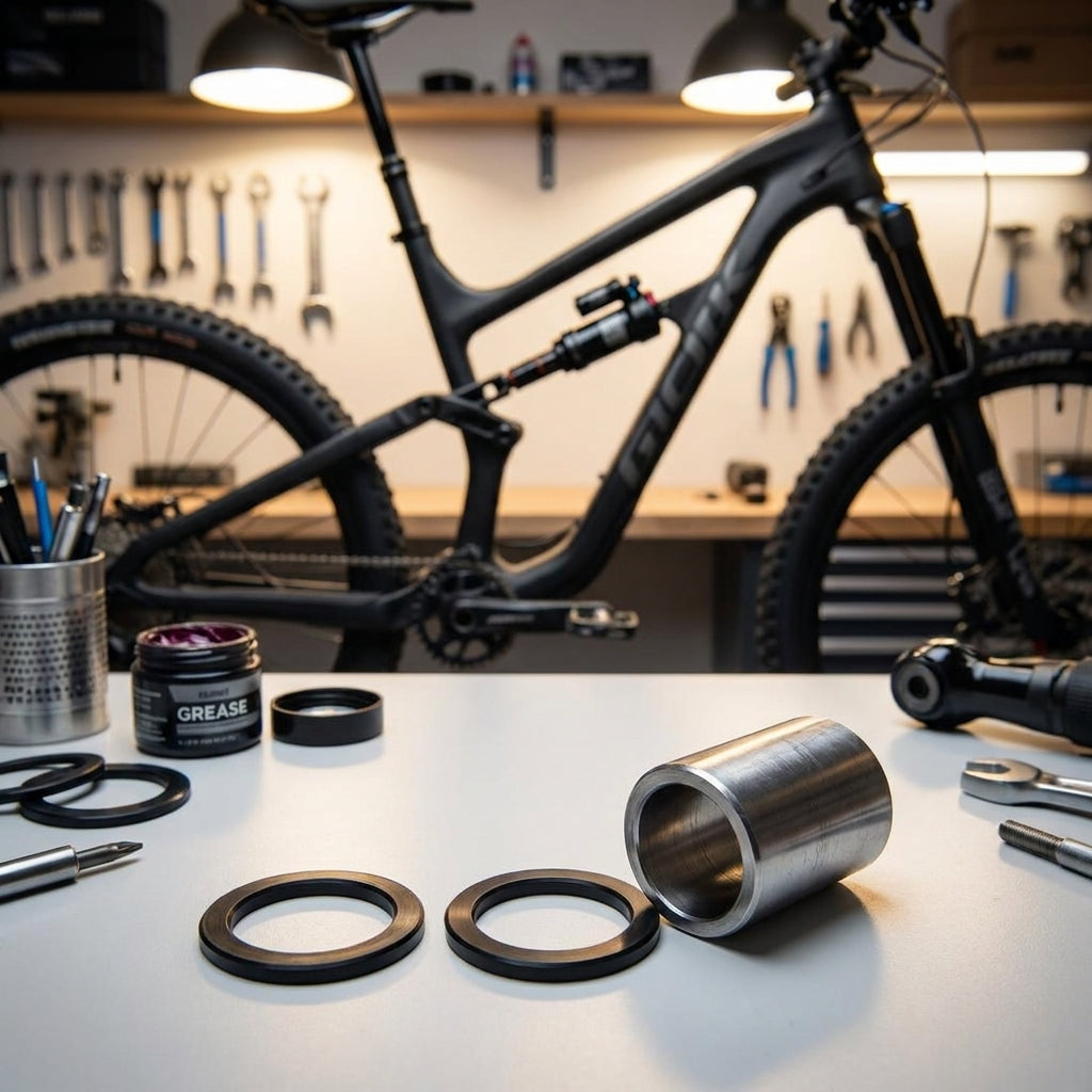 RockShox Dämpfer-Montageteile 3-teilig 1/2"10x17.4 Standard für Mountainbike in Werkstatt.