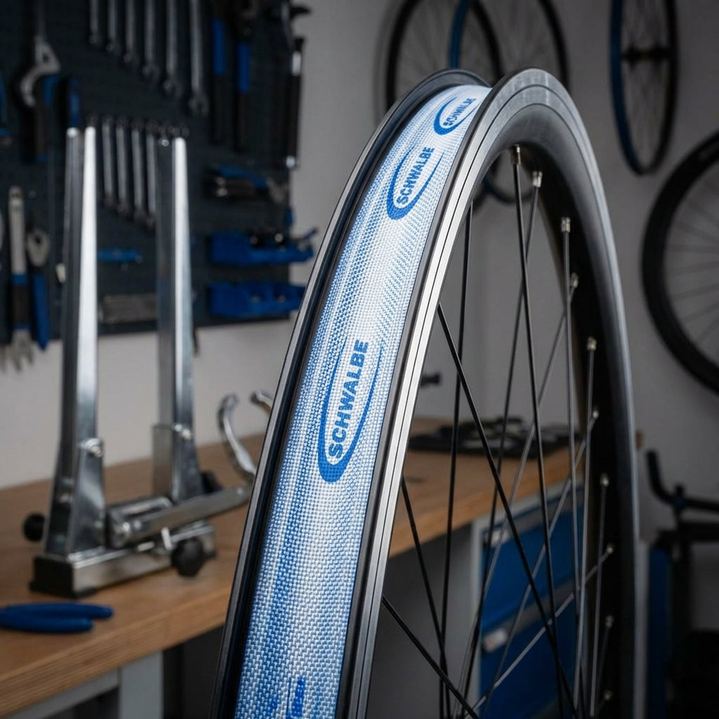 Schwalbe Felgenband HP 18mm blau-weiß auf Fahrrad-Laufrad in Werkstatt.