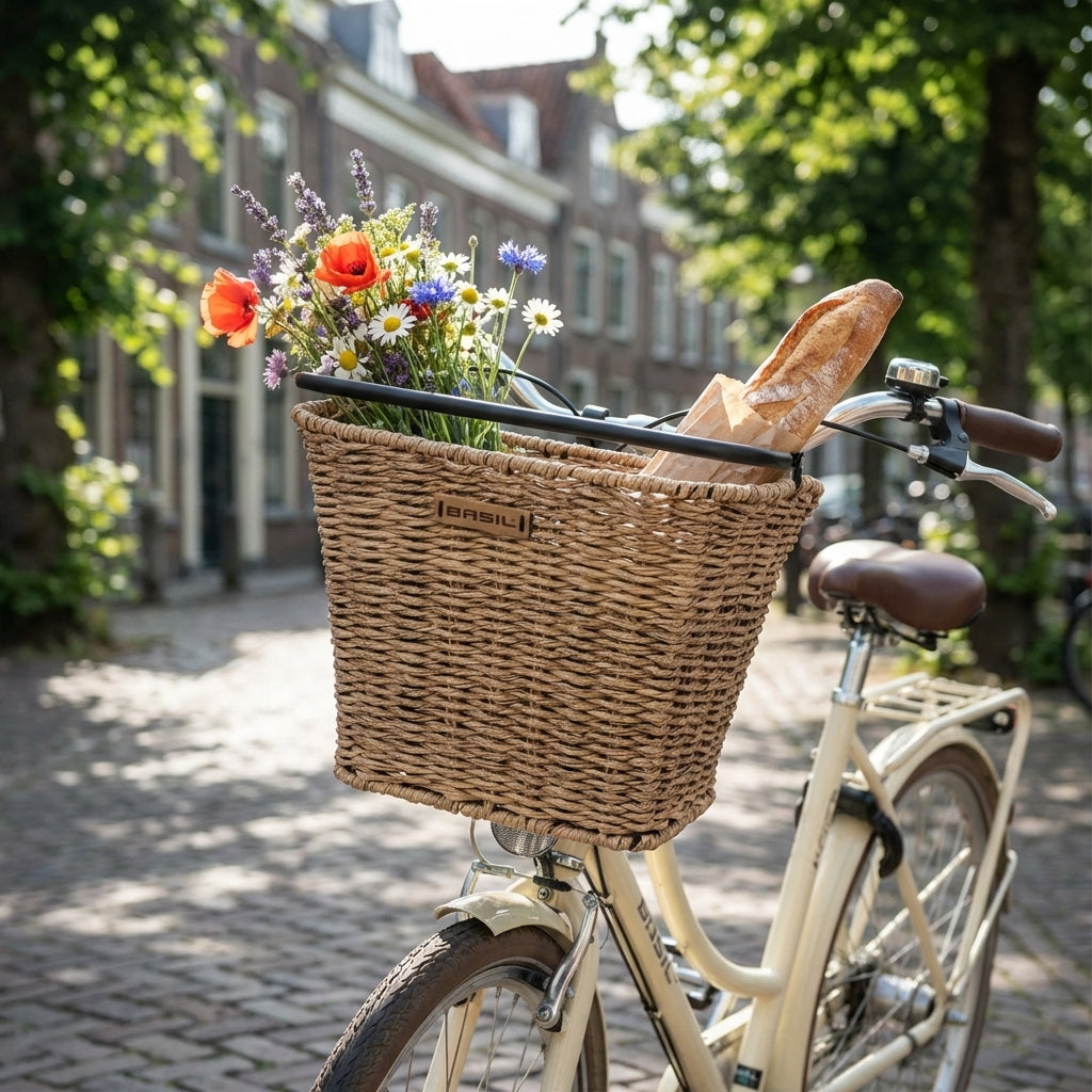 Basil Bremen Rattan Look Lenkerkorb, wetterfest, abnehmbar, vorne am Fahrrad mit Blumen und Baguette.