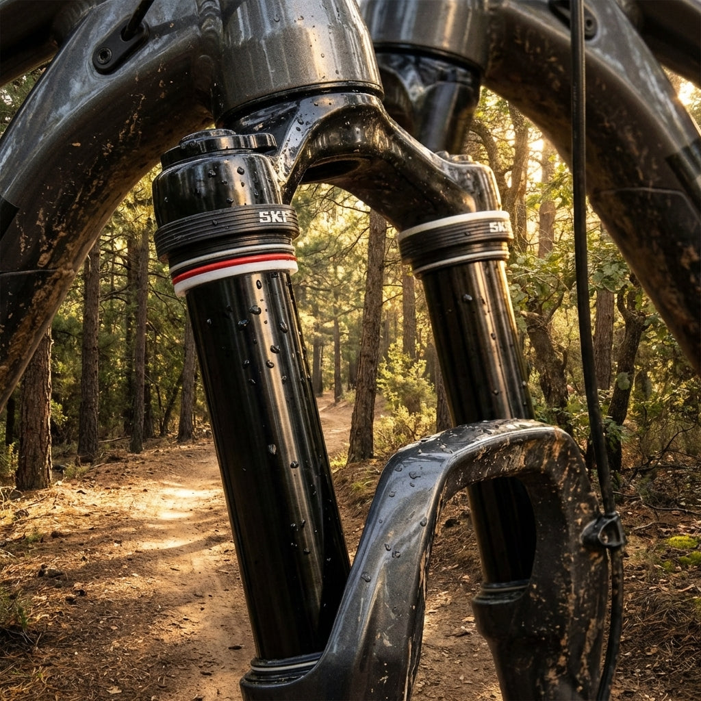 RockShox Federgabel mit SKF Dust Wiper Upgrade Kit 35mm, schwarz, ultra-reibungsarm, nass im Wald auf dem Trail.