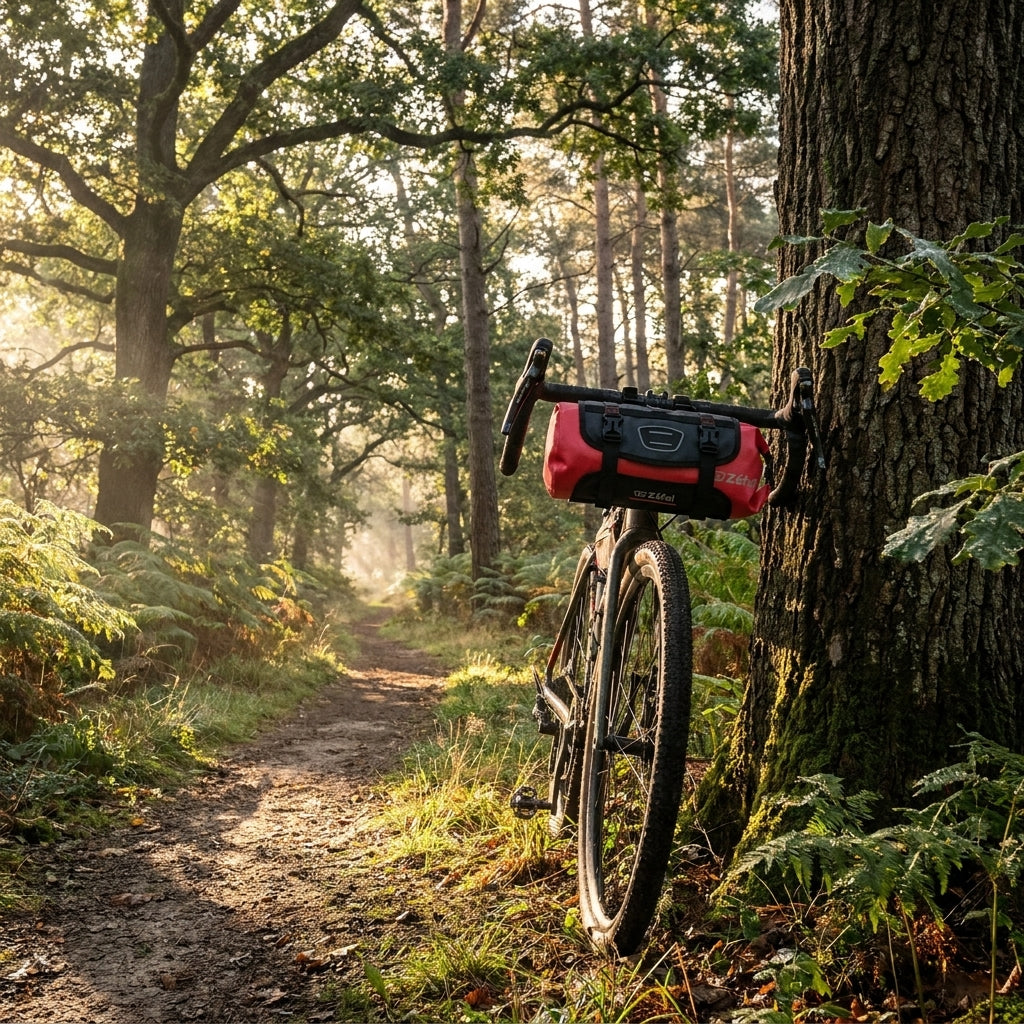 Zefal Lenkertasche Z Adventure F10 schwarz rot am Fahrrad im sonnigen Wald.
