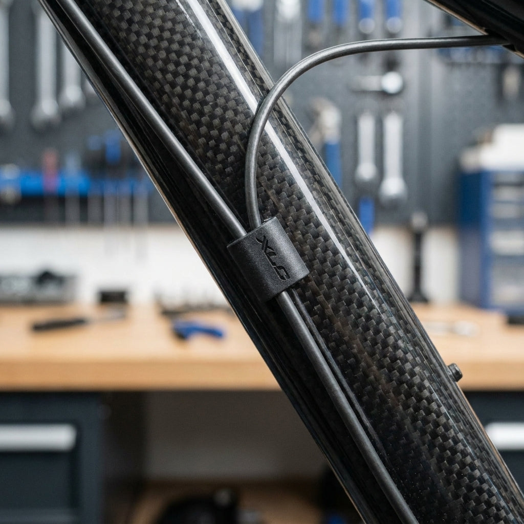 XLC Kabelclip für 2mm Kabel und 4mm Aussenhüllen am Carbon-Fahrradrahmen.