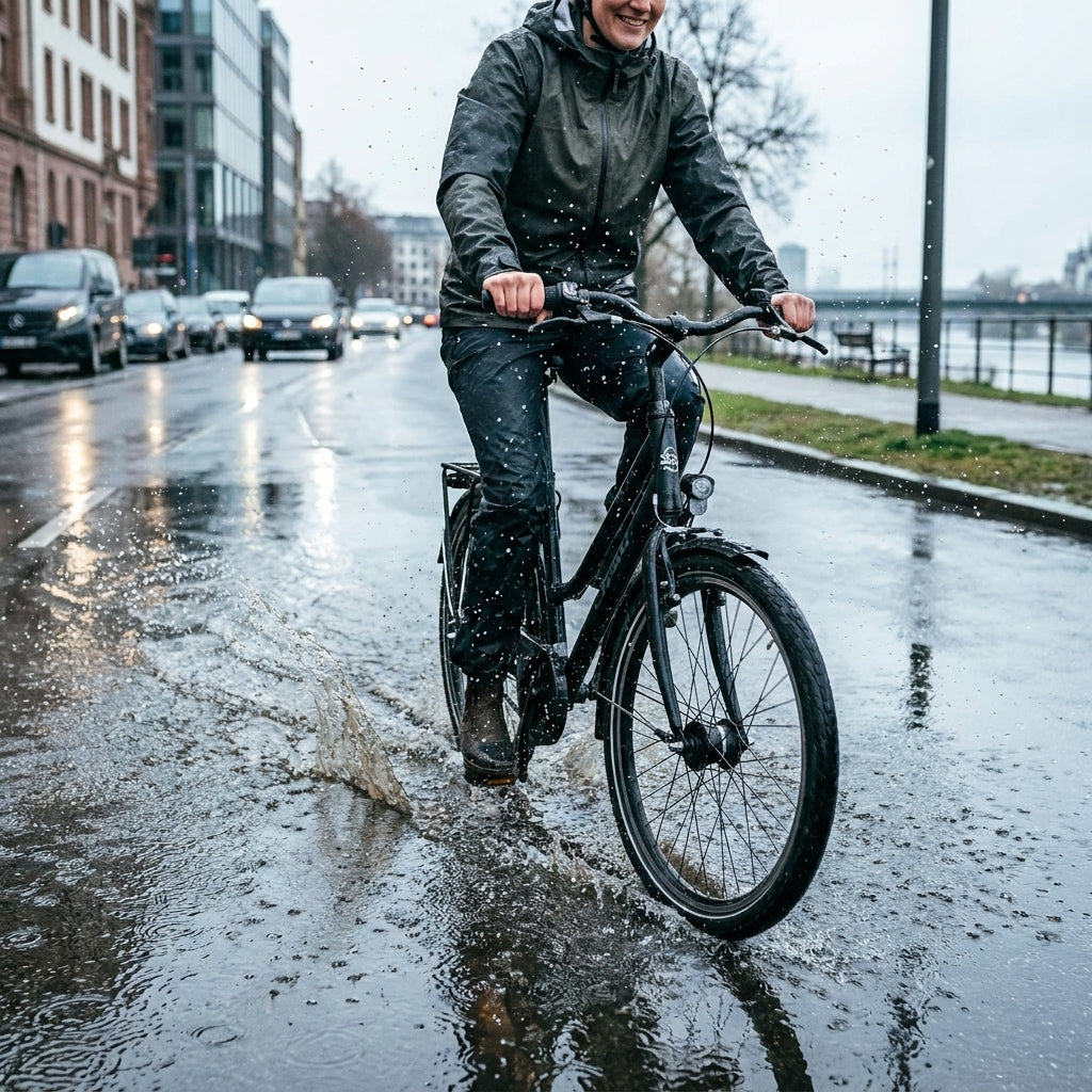 Fahrrad mit schwarzem SKS BLUEMELS Basic 20 Schutzblech-Set fährt durch eine Pfütze, Wasser spritzt.