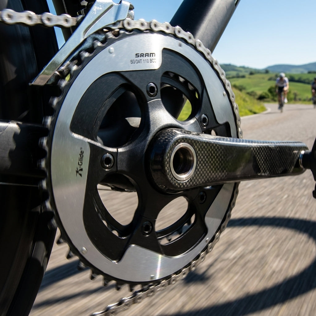 SRAM Road Red 22 50T Kettenblatt am Rennrad für präzise Schaltperformance.