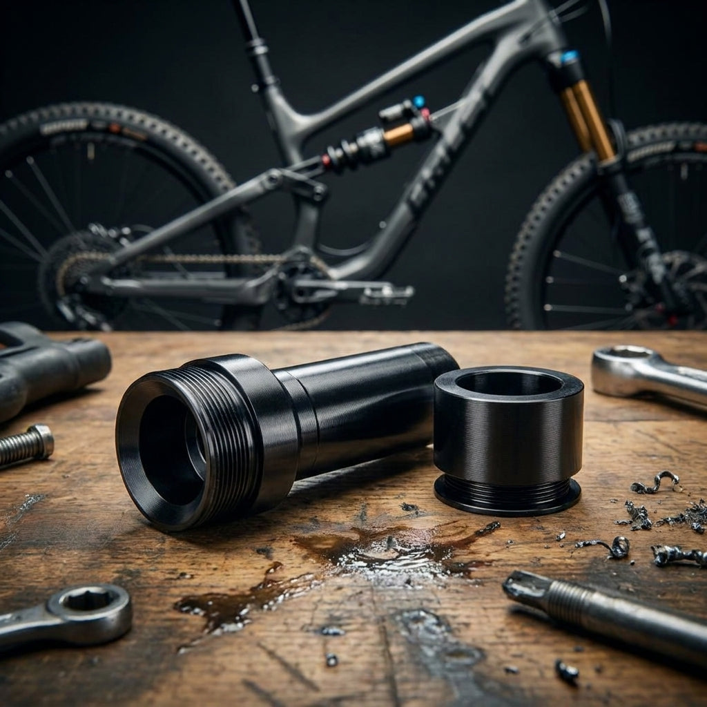 Schwarzes RockShox Dämpfer Montagematerial 3-teilig 1/2" 6x40.0 Standard auf Werkbank, Mountainbike im Hintergrund.
